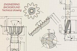 Mechanical engineering drawings on sepia background. Tap tools, borer. Technical Design. Cover. Blueprint. illustration. vector