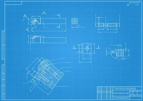 Mechanical engineering drawings on blue background. Cutter, assembly tool with replaceable multi-faceted plate. Technical Design. Cover. Blueprint. illustration vector