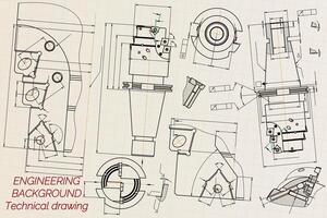 Mechanical engineering drawings on sepia background. Tap tools, borer. Technical Design. Cover. Blueprint. illustration. vector