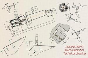 Mechanical engineering drawings on sepia background. Tap tools, borer. Technical Design. Cover. Blueprint. illustration. vector