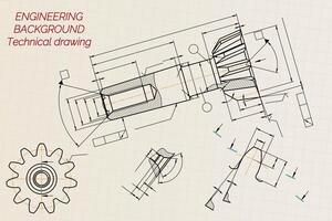 Mechanical engineering drawings on sepia background. Tap tools, borer. Technical Design. Cover. Blueprint. illustration. vector