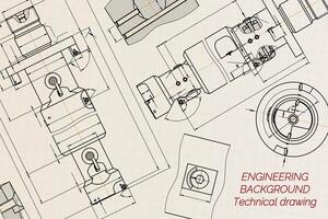 Mechanical engineering drawings on sepia background. Tap tools, borer. Technical Design. Cover. Blueprint. illustration. vector