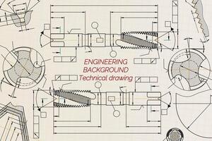 Mechanical engineering drawings on sepia background. Tap tools, borer. Technical Design. Cover. Blueprint. illustration. vector