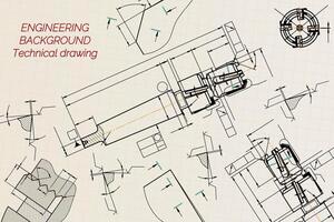 Mechanical engineering drawings on sepia background. Tap tools, borer. Technical Design. Cover. Blueprint. illustration. vector