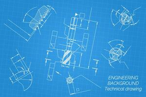 Mechanical engineering drawings on blue background. Tap tools, borer. Technical Design. Cover. Blueprint. illustration vector