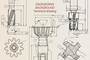 Mechanical engineering drawings on sepia background. Tap tools, borer. Technical Design. Cover. Blueprint. illustration. vector