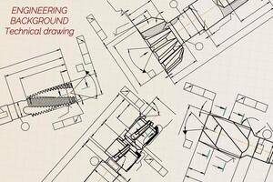 Mechanical engineering drawings on sepia background. Tap tools, borer. Technical Design. Cover. Blueprint. illustration. vector