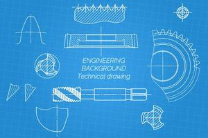 mecánico Ingenieria dibujos en azul antecedentes. grifo herramientas, taladrador, corte herramientas, molienda cortador. técnico diseño. cubrir. Plano. ilustración vector