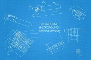 Mechanical engineering drawings on blue background. Cutter, assembly tool with replaceable multi-faceted plate. Technical Design. Cover. Blueprint. illustration vector