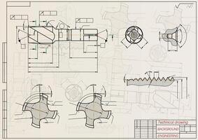 Mechanical engineering drawings on sepia background. Tap tools, borer. Technical Design. Cover. Blueprint. illustration. vector