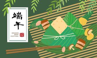 chino continuar barco festival paisajes tradicional arroz empanadillas bandera .texto traducir duanwu festival vector