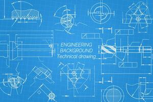 Mechanical engineering drawings on blue background. Tap tools, borer, cutting tools, milling cutter. Technical Design. Cover. Blueprint. illustration vector