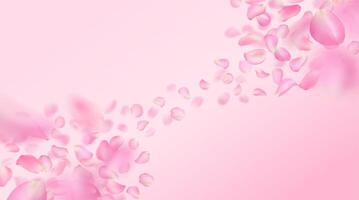 background with realistic rose petals. Template of flying voluminous blurred pink sakura petals with blur effect. Spring flower illustration for wallpaper, banner, romantic greeting card. vector