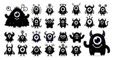 Black and white set of funny monster for greeting cards, party supplies, educational materials. flat illustration with cute, friendly characters, for festive decorations, branding. vector