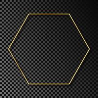 Gold glowing hexagon frame with shadow isolated on dark background. Shiny frame with glowing effects. illustration. vector