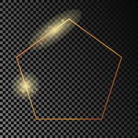 Gold glowing pentagon shape frame isolated on dark background. Shiny frame with glowing effects. illustration. vector