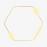 Gold glowing rounded hexagon frame isolated on background. Shiny frame with glowing effects. illustration. vector