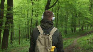 Young cheerful active guy sporty walking with headphones mobile phone enjoying listening to music outdoors at forest video