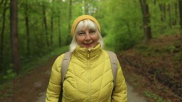 Senior 50s tourist woman with a backpack standing on top of the mountain and enjoy the beautiful view of mountains Morskie Oko lake. Hiking travel and adventure in Poland, Tatry video