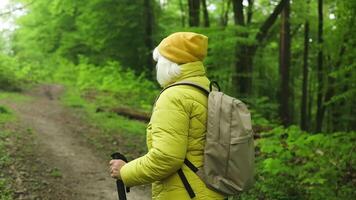 anziano 50s turista donna con un' zaino in piedi su superiore di il montagna e godere il bellissimo Visualizza di montagne morskie oko lago. escursioni a piedi viaggio e avventura nel Polonia, tatry video