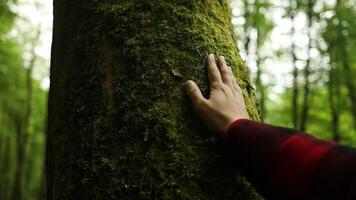 stänga upp av ett hand Rör de gammal träd trunk. kärlek och skydda natur begrepp. grön miljövänlig livsstil. skydda från avskogning och förorening eller klimat förändra. video