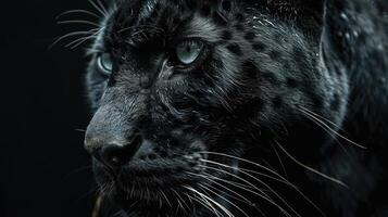 Closeup of a black panthers head on black background photo