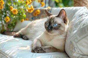 siamés gato con azul ojos en un blanco sofá foto
