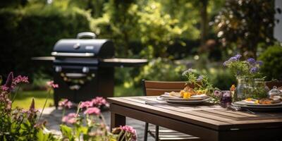 An inviting backyard barbecue scene with a set table and a grill, surrounded by greenery photo