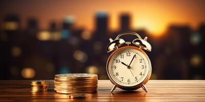 Alarm clock and stacked coins on wooden desk on the background of business buildings. Time for saving concept. photo