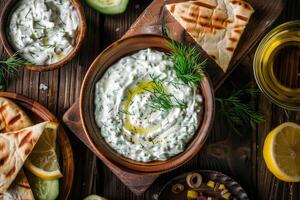 tradicional griego tzatziki inmersión salsa hecho con Pepino agrio crema, griego yogur, limón jugo, aceituna petróleo y un Fresco puntilla de eneldo hierba. servido con tostado Agave un pan. foto