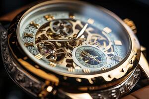 Highly detailed mechanical watch movement with visible gears and ruby bearings photo