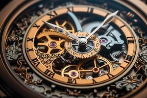 Close-up of an intricate mechanical watch movement photo