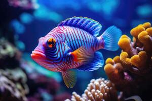 Fish over a coral reef in the sea. photo