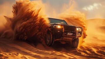 Off-road vehicle in the middle of a desert dune, with sand dramatically billowing around it photo