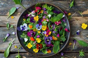 Fresh salad of spring vegetables decorated with edible flowers photo