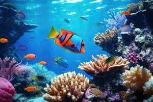 Fish over a coral reef in the sea. photo