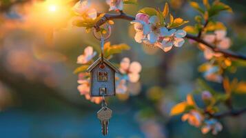 House keychain hanging from blooming branch photo