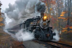 A classic steam train in motion through an autumn landscape, billowing thick clouds of smoke and steam photo