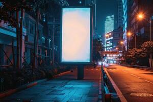 A vibrant city street at night illuminated by lights, featuring a blank billboard ready for advertising photo