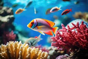 Fish over a coral reef in the sea. photo