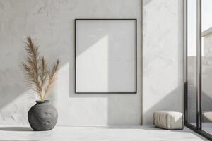 Blank picture frame mockup on wall in modern interior. Artwork template mock up in interior design with trendy vase. photo