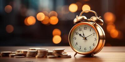 Alarm clock and stacked coins on wooden desk on the background of business buildings. Time for saving concept. photo