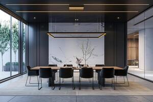 Front view of empty modern conference room with office table and chairs. photo