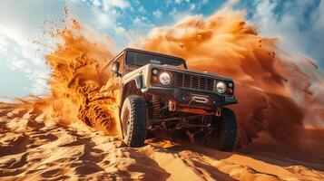 Off-road vehicle in the middle of a desert dune, with sand dramatically billowing around it photo