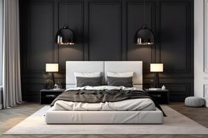 negro y blanco lujo dormitorio interior con doble cama en pie en de madera piso y dos original lamparas en cabecera mesas. foto