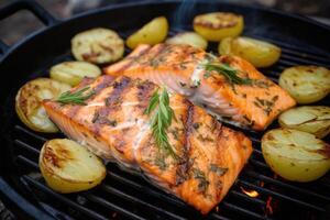 Grilled salmon and potatoes in a frying pan. photo