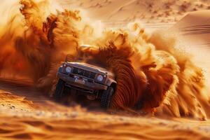 Off-road vehicle conquering desert dunes photo