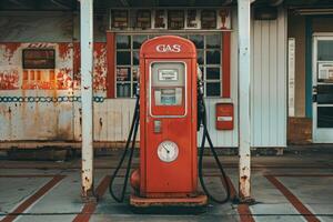 un antiguo rojo gas estación bomba con oxido y peladura pintar, exhibiendo un pasado era en automotor historia foto