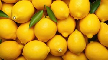 Ripe yellow lemons close up or texture. Lemon harvest, many yellow lemons, top view photo