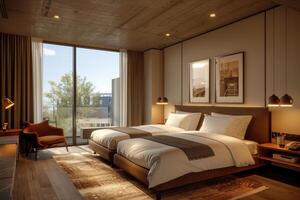 Modern and stylish bedroom with natural view photo